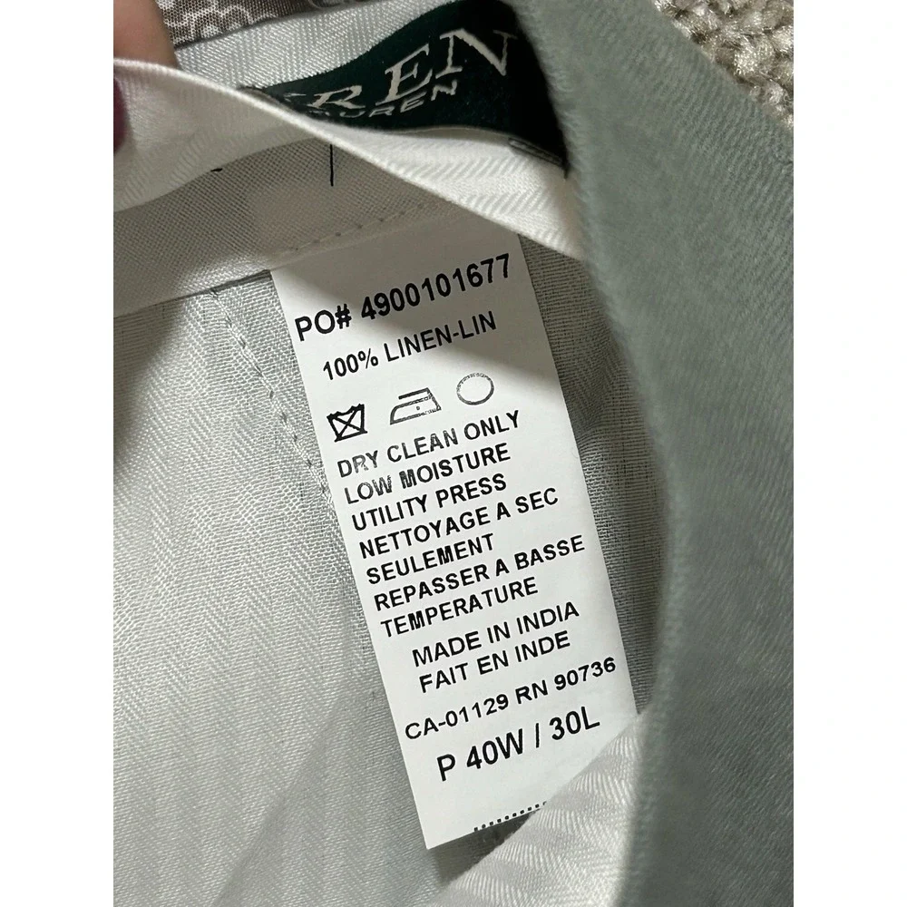 NEW Lauren Ralph Lauren Mens Pants 40 x 30 100% Linen Edgewood Light Green